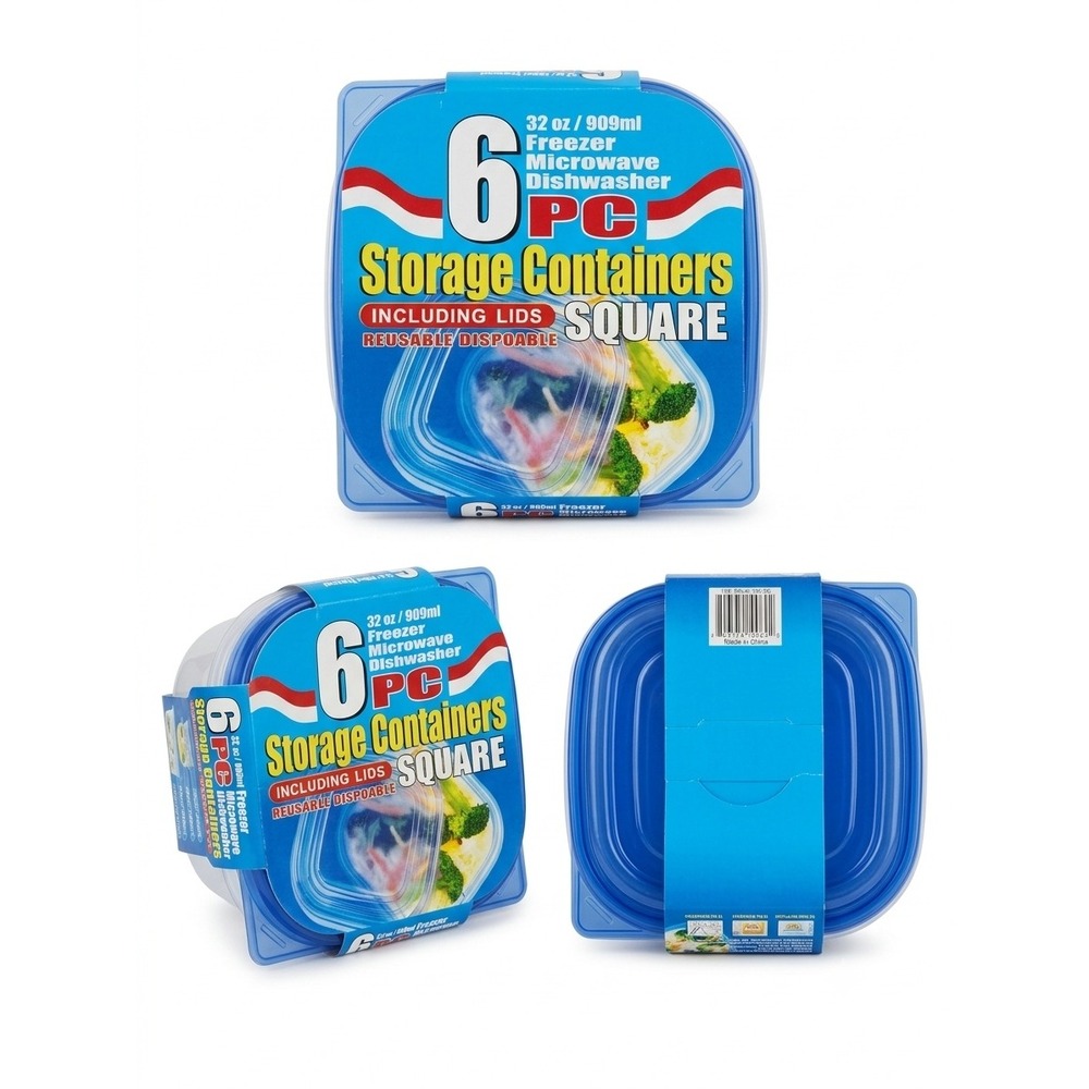 6 Piece Square Food Storage Container Set 32oz Reusable Blue Lids Microwave Safe
